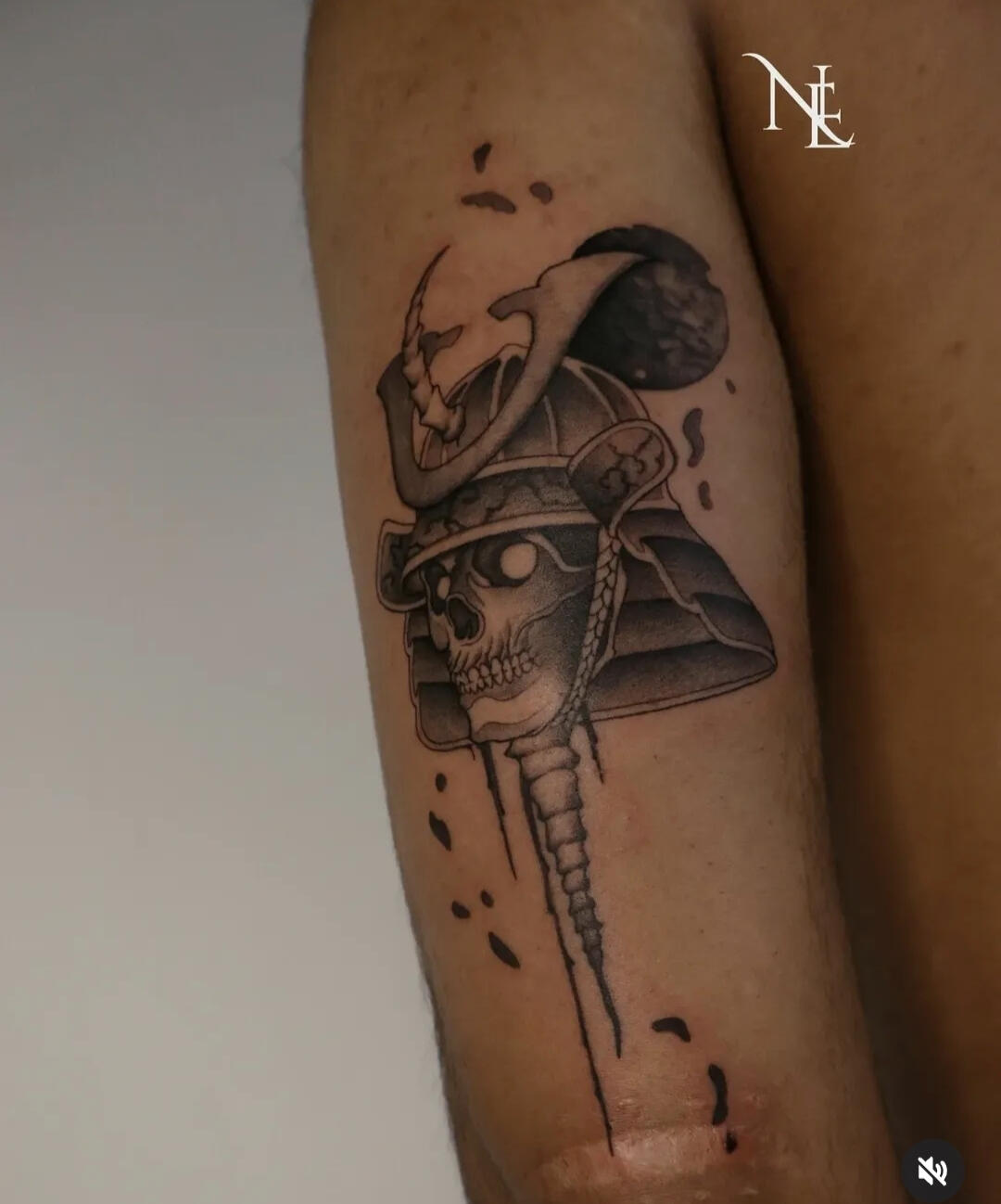 Neo Oriental samurai abstract tattoo with thorns and horns arm piece