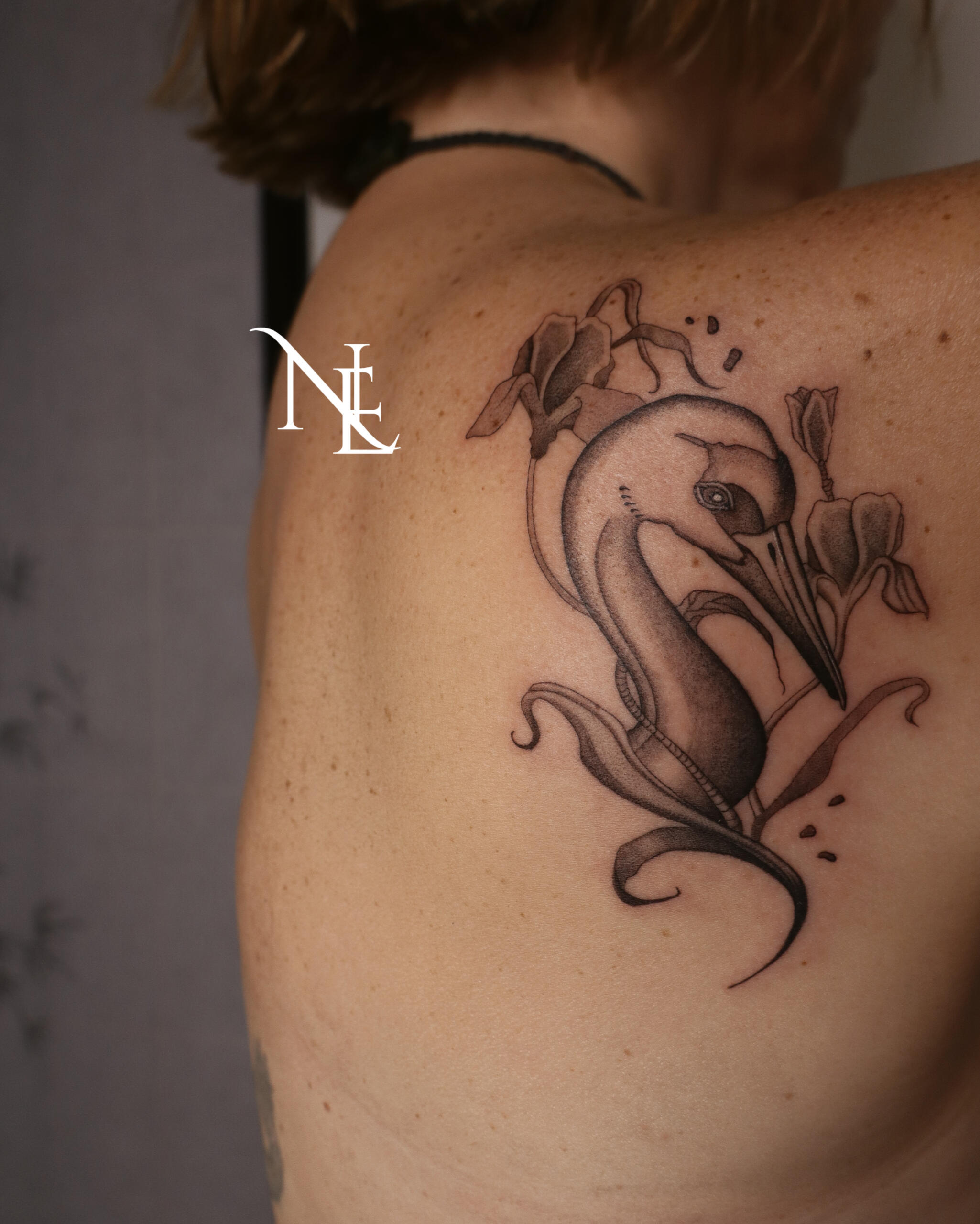 Neo Oriental Swan and flower tattoo on back